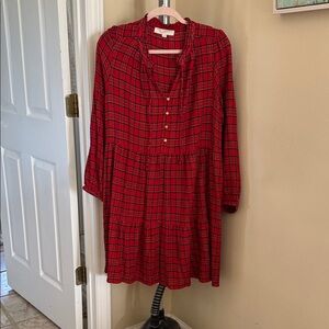 LOFT Red Plaid Long Sleeve Dress